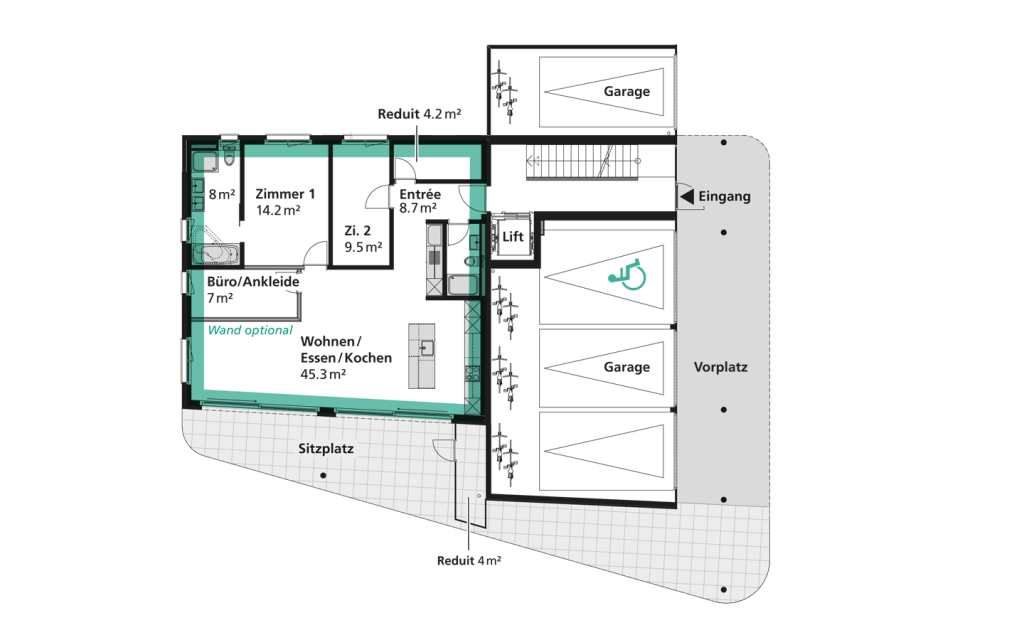 Die Grafik zeigt den Grundriss des Erdgeschosses mit der Eigentumswohnung und den vier Garagen.