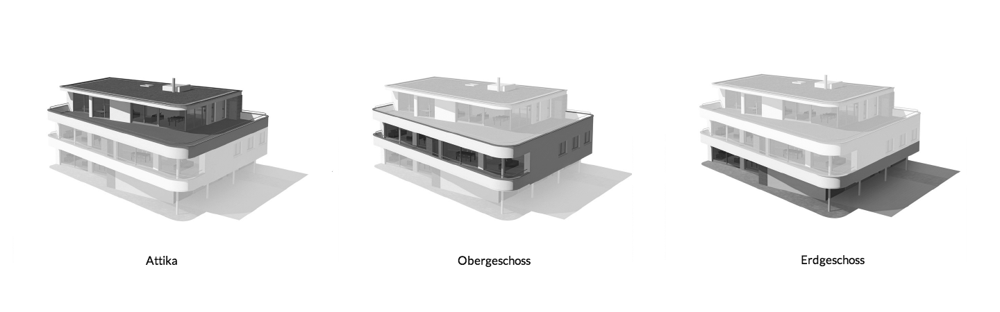 Die Grafik zeigt die drei Etagen des Bauobjektes: Attika, Ober- und Erdgeschoss.