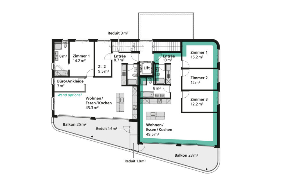 Die Grafik zeigt den Grundriss des Obergeschosses: Mietwohnung links – Eigentumswohnung rechts.