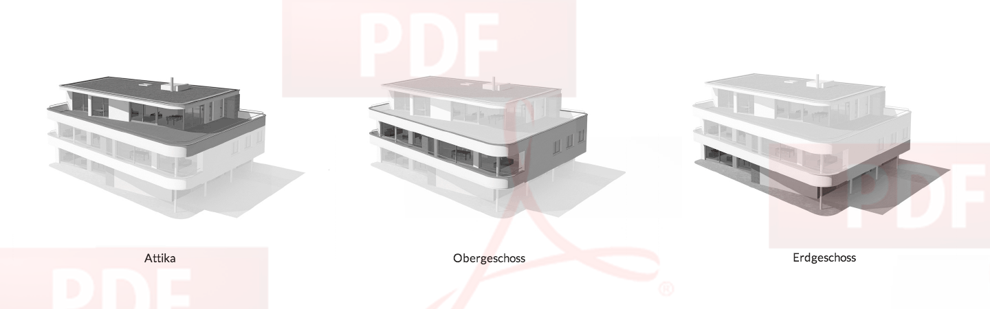 Die Grafik zeigt die drei Etagen des Bauobjektes: Attika, Ober- und Erdgeschoss. Ausserdemwird darauf hingewiesen, dass hier die detailierten Pläne als PDF heruntergeladen werden können.
