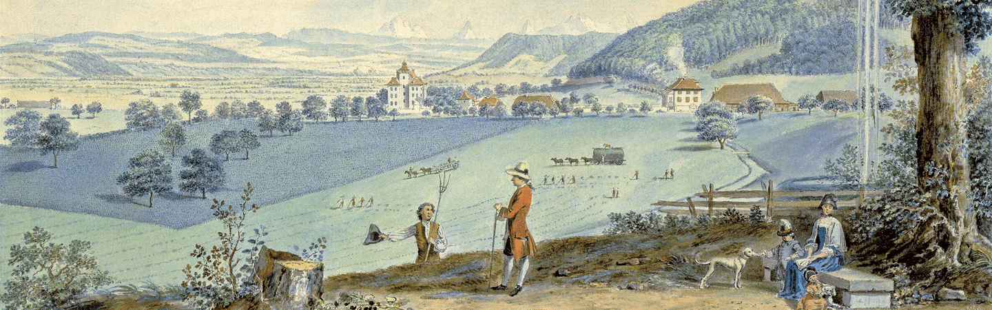 Gemälde, das Niklaus Emanuel Tscharner auf seinem Gut Blumenhof bei Kehrsatz im Gespräch mit einem Landmann zeigt.